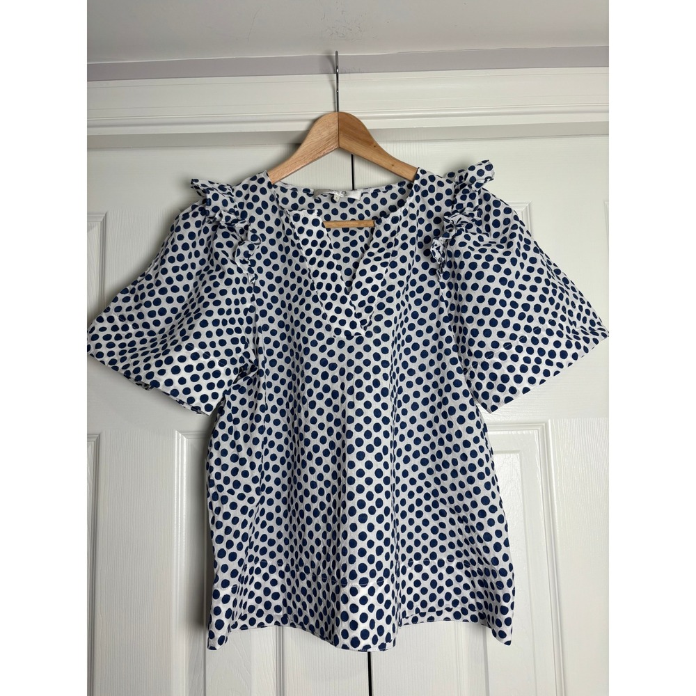 Sea New York Navy Blue Polka Dot Ruffle Sleeve V-Neck Cotton Blouse Top Size 4